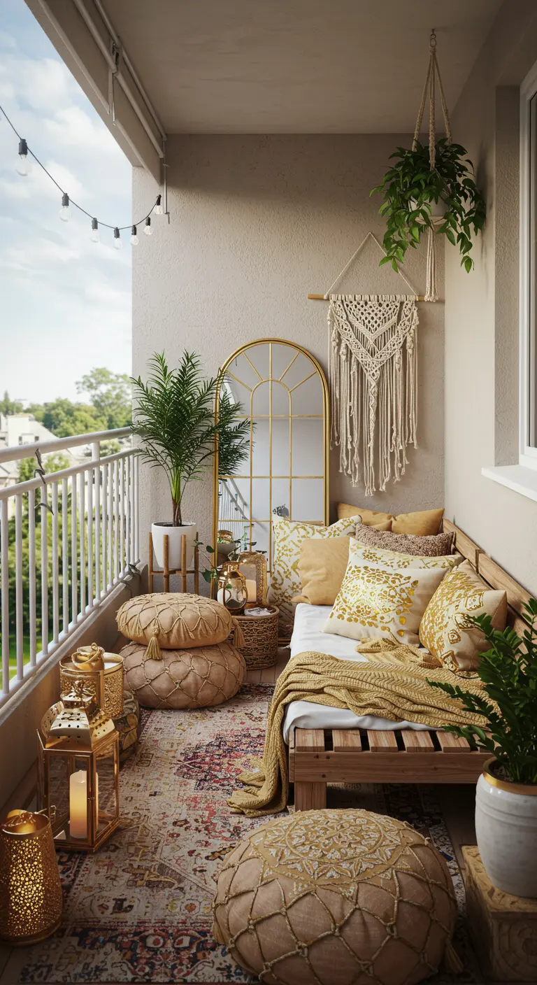 Balcón de estilo bohemio con espejo arqueado dorado, banco de madera, cojines y farolillos.