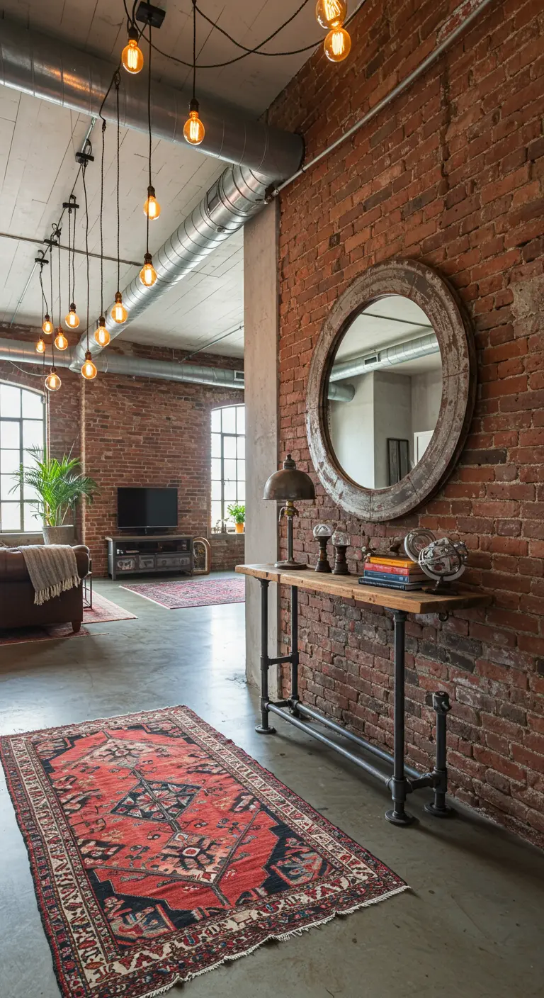 Entrada estilo loft industrial con pared de ladrillo, alfombra persa y consola de tuberías.