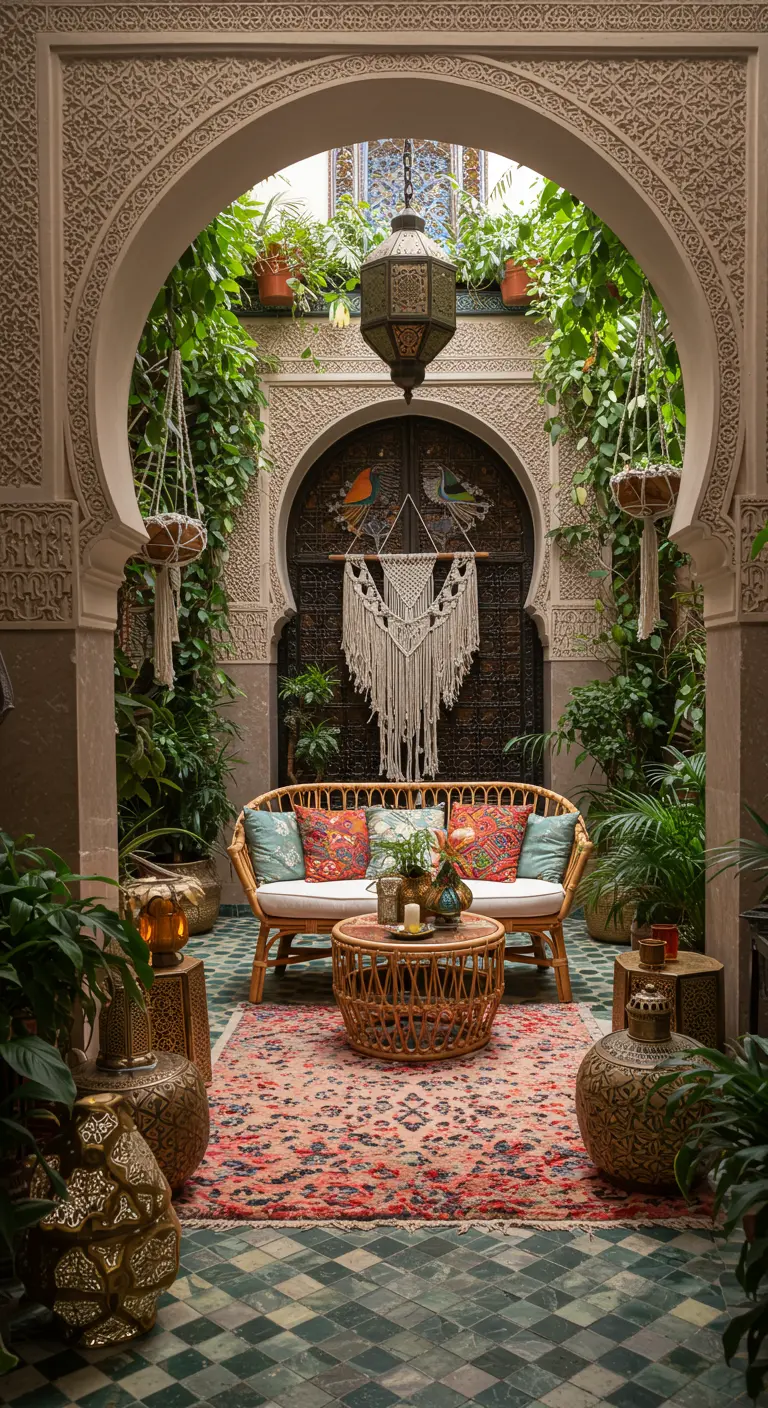 Patio interior de estilo árabe-bohemio con sofá de mimbre, plantas y un tapiz de macramé.
