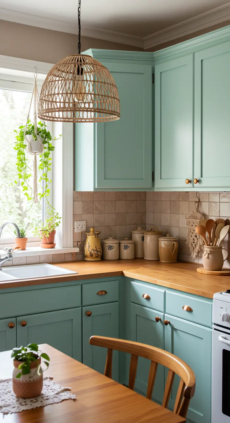 Cocina menta con lámpara de ratán, plantas colgantes y detalles en terracota.