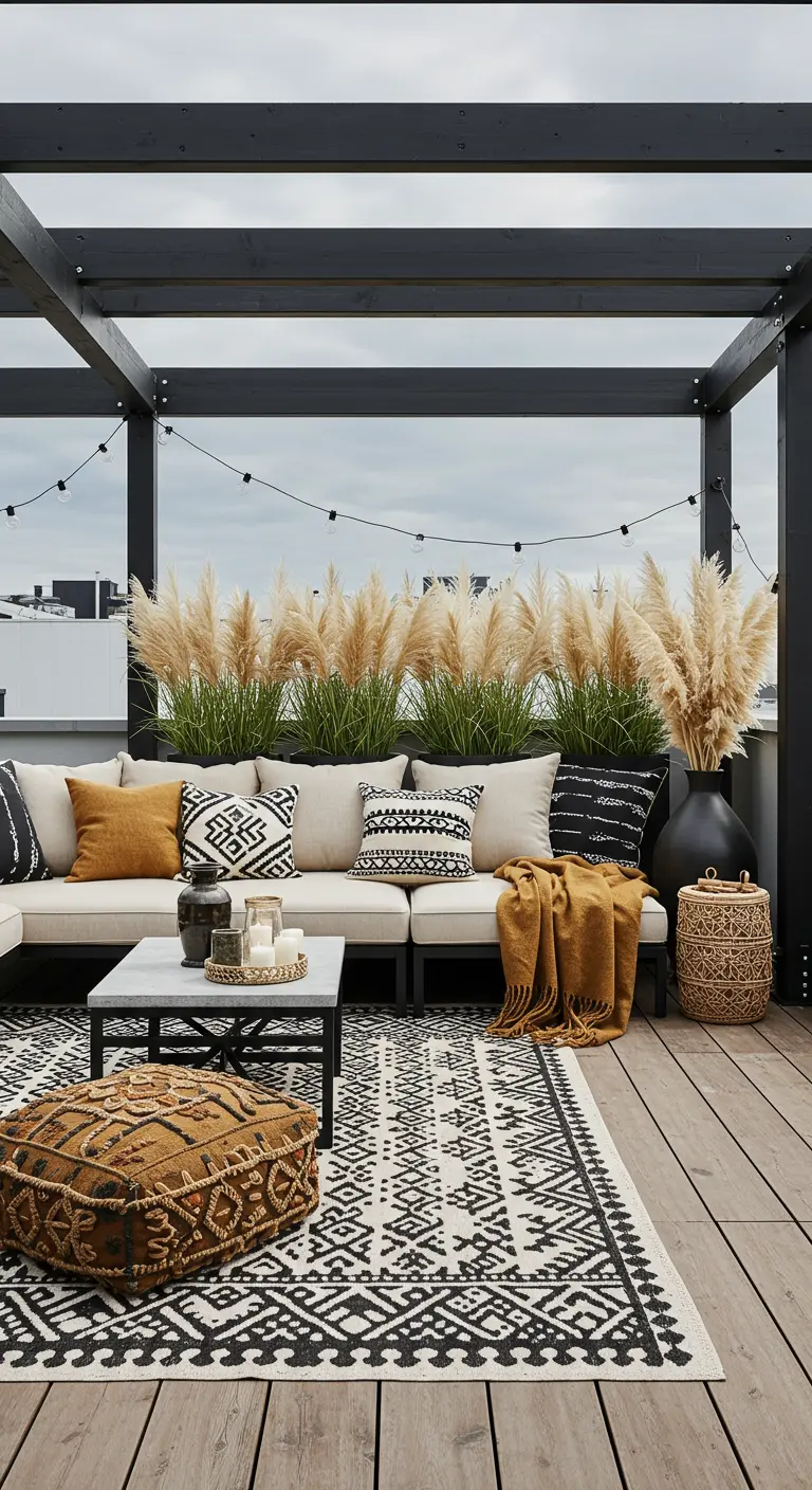 Terraza moderna con sofá modular, textiles en blanco y negro, y hierba de la pampa en jarrones.