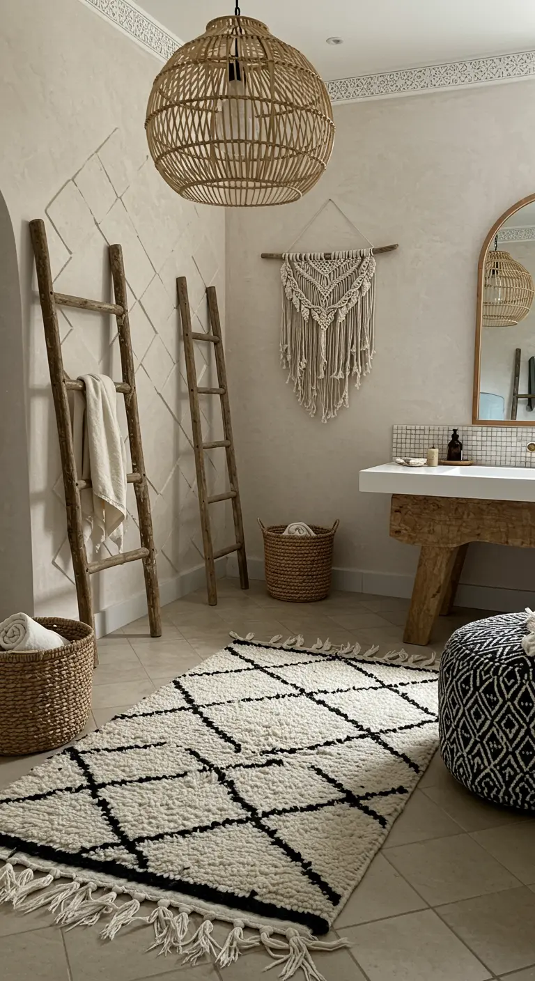 Baño de estilo boho con paredes texturizadas, alfombra bereber y escaleras de madera como toalleros