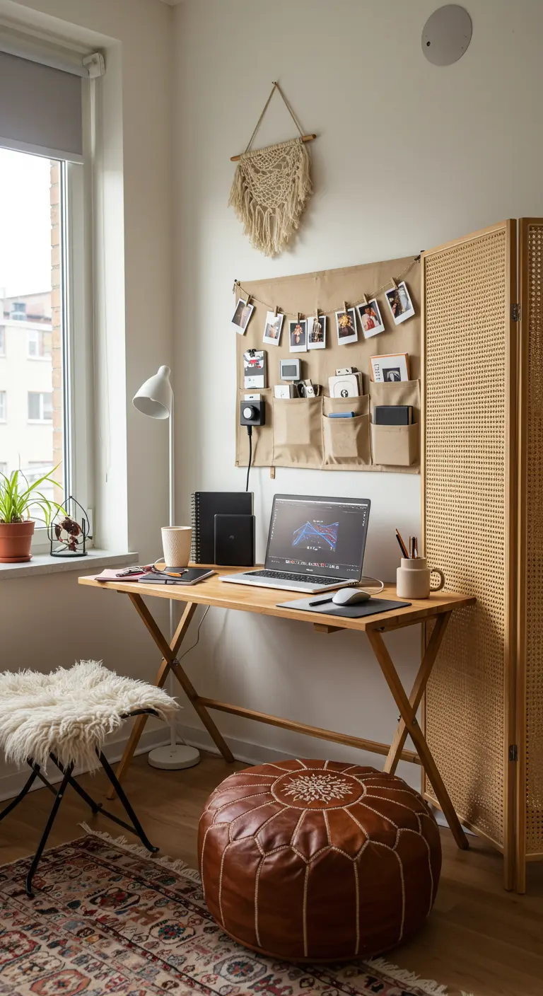 Rincón de trabajo flexible con escritorio plegable, puf de cuero y organizador de pared DIY.