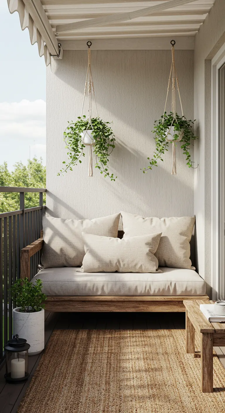 Balcón de estilo boho escandinavo con sofá de madera, cojines neutros, alfombra de yute y maceteros de macramé.