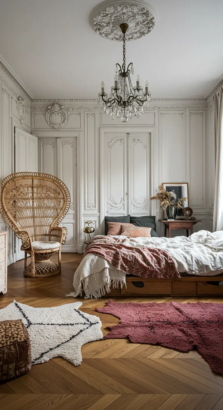 Dormitorio ecléctico que mezcla una silla pavo real de ratán y alfombras boho con molduras clásicas y lámpara de araña