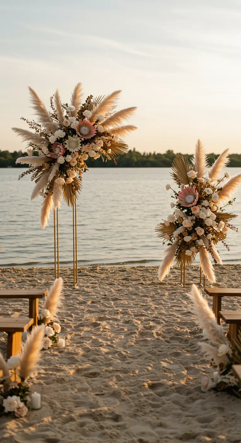 Dos arreglos florales bohemios con hierba de la pampa sobre pedestales dorados en una playa.