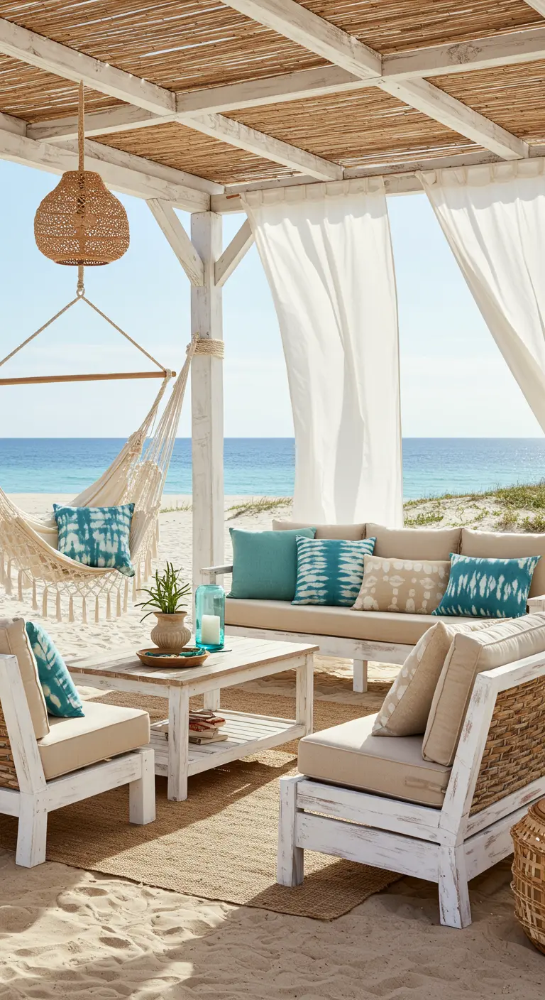 Porche playero con muebles de madera blanca, cojines tie-dye azules y una hamaca de macramé.