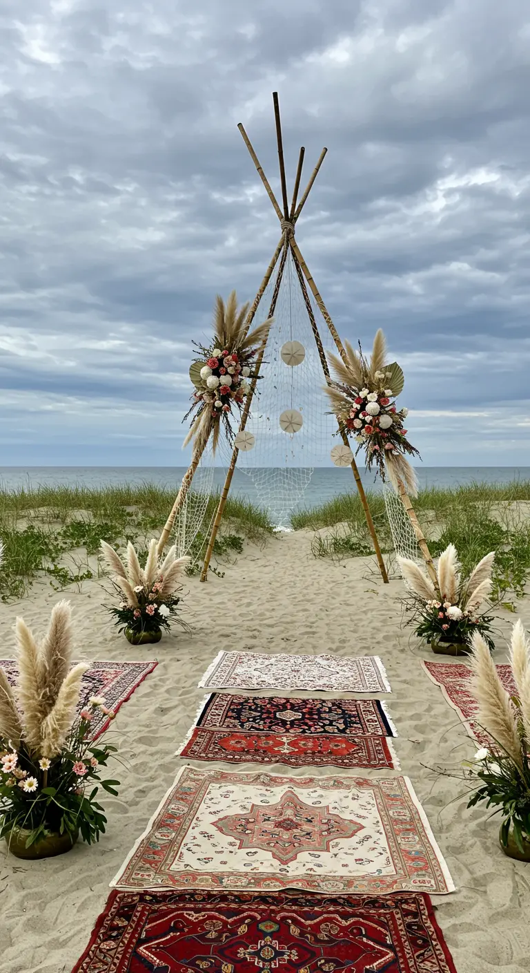 Altar de boda tipo tipi en la playa con alfombras persas y hierba de la pampa.