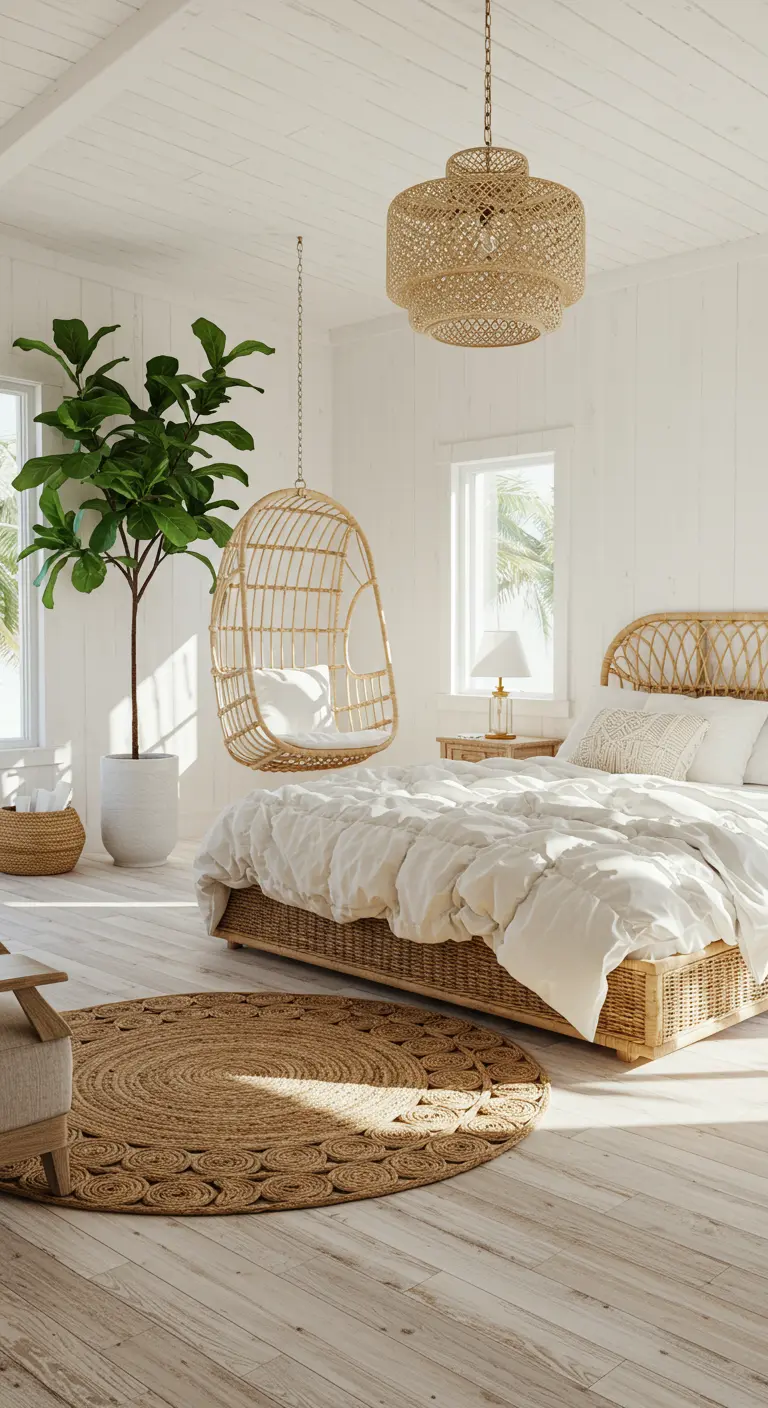 Dormitorio bohemio con cama y silla colgante de ratán, y una gran planta.