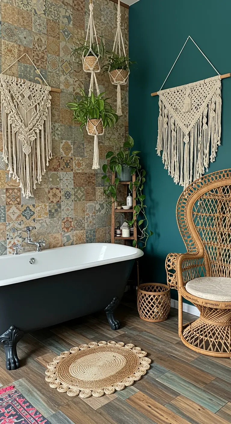 Baño bohemio con azulejos de patrones, muchas plantas colgantes, tapices de macramé y una silla de mimbre.