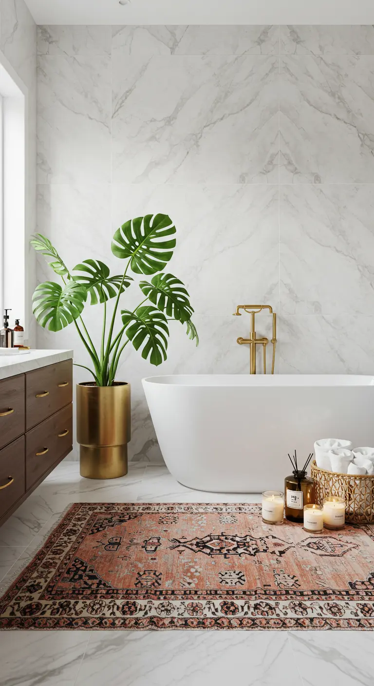 Baño bohemio elegante con pared de mármol, macetero dorado y alfombra.