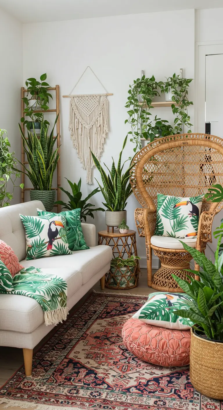 Rincón bohemio con silla de ratán, plantas y cojines tropicales.