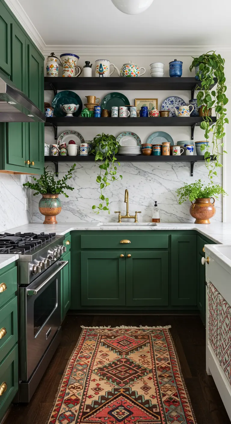 Cocina bohemia con gabinetes verdes, estanterías negras y cerámica artesanal colorida.