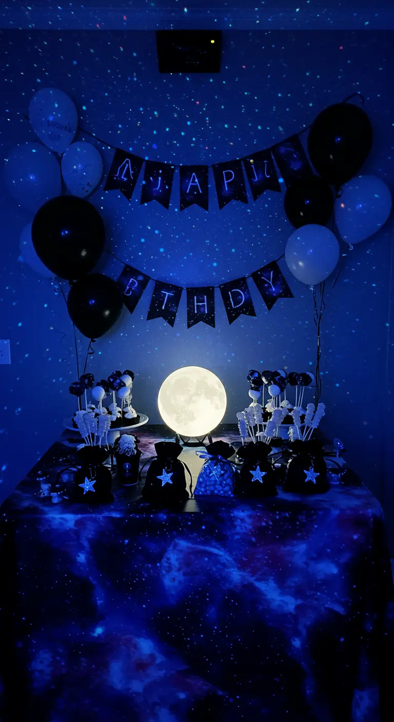 Mesa de cumpleaños con temática espacial, luz azul y bolsitas negras con estrellas.