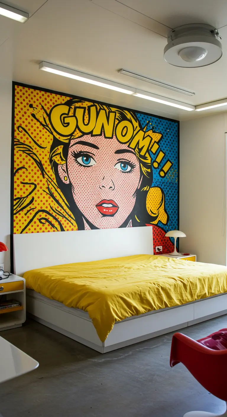 Mural de cómic Pop Art con el rostro de una mujer en un dormitorio moderno.