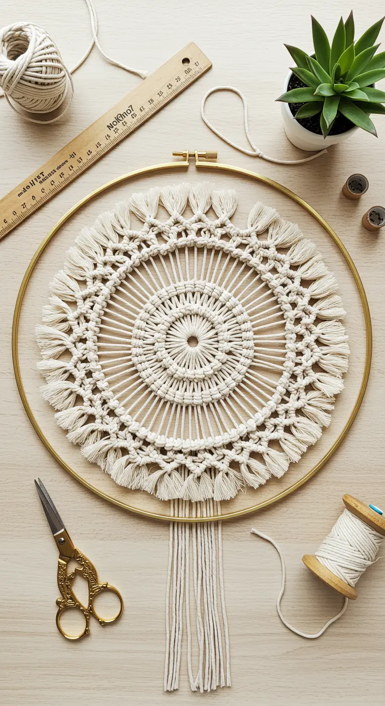 Proceso de creación de un mandala de macramé con borlas sobre una mesa de trabajo.