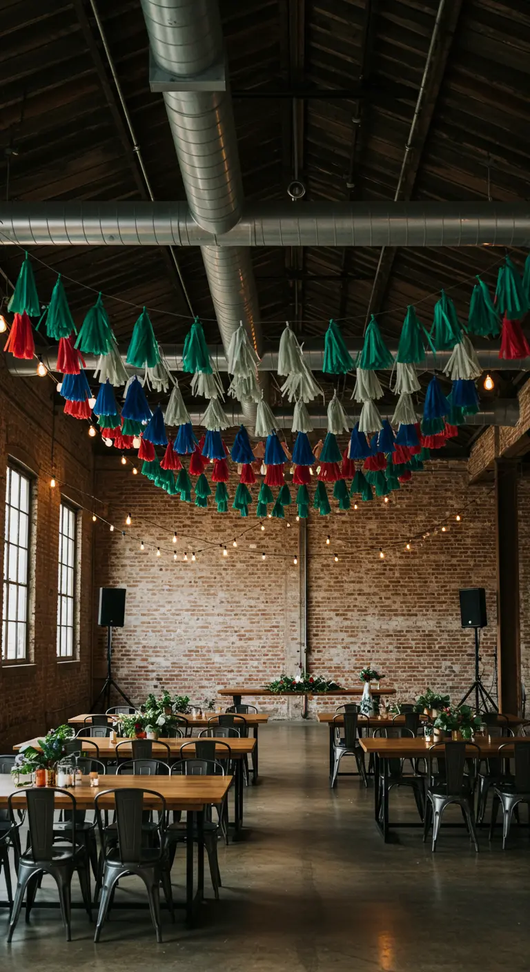 Guirnaldas de borlas de papel de seda de colores colgando en un salón de bodas industrial.