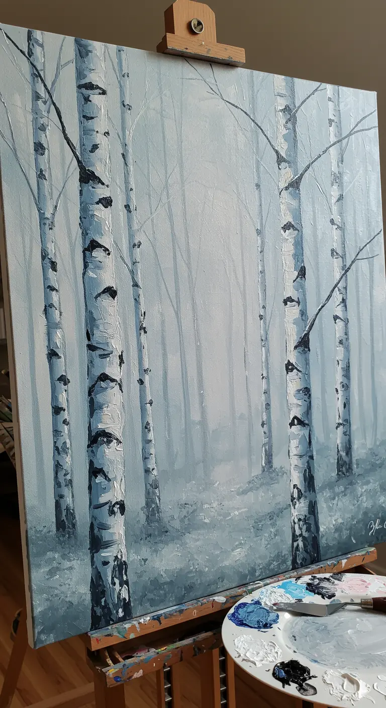 Pintura de un bosque de abedules en un día de niebla, con detalles realistas.