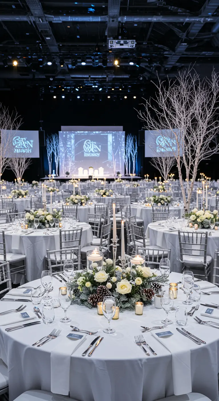 Gran evento con mesas redondas blancas y centros de mesa florales con piñas y abedules.