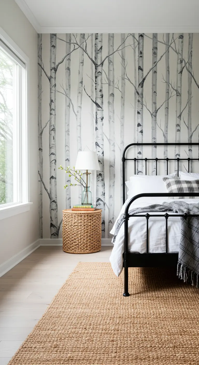 Mural de un bosque de abedules en blanco y negro en un dormitorio escandinavo.