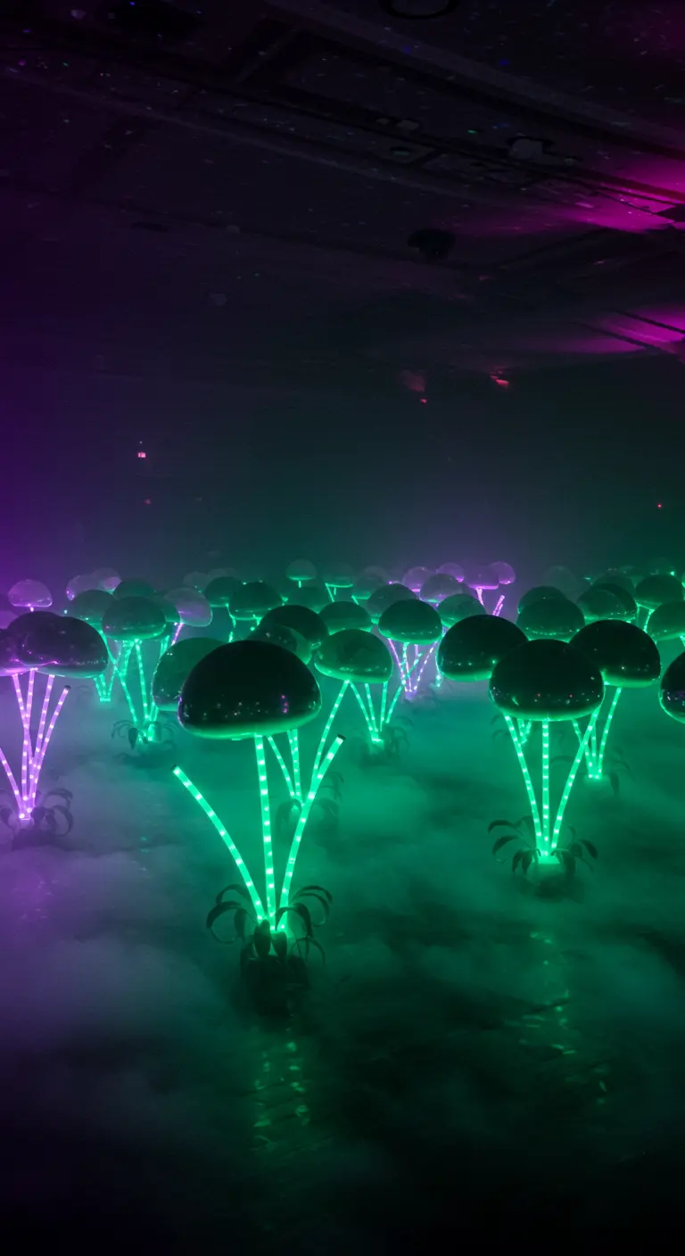 Suelo de una fiesta oscura lleno de setas iluminadas en verde y morado con humo bajo.