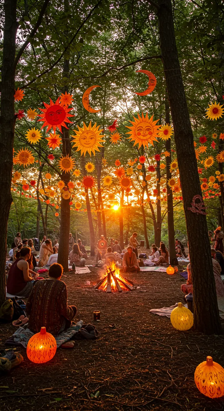 Gente reunida en un bosque al atardecer, con guirnaldas de papel en forma de sol colgando.
