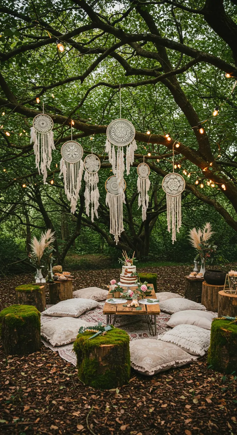 Fiesta en el bosque con atrapasueños de macramé colgando de los árboles.