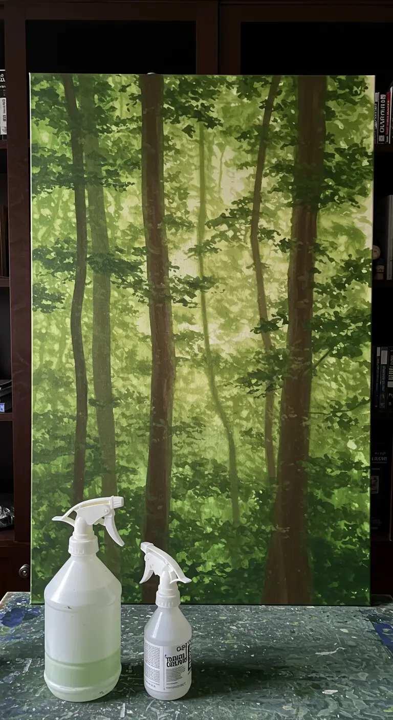 Gran lienzo de un bosque verde con efecto de niebla y dos botellas de spray al lado.