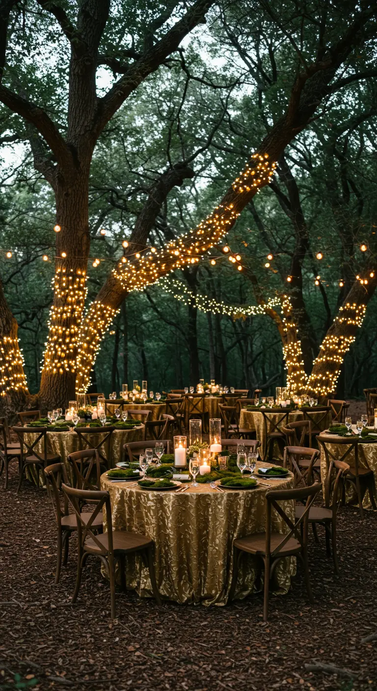 Mesas de boda en un bosque de noche, iluminado con guirnaldas de luces y manteles dorados.