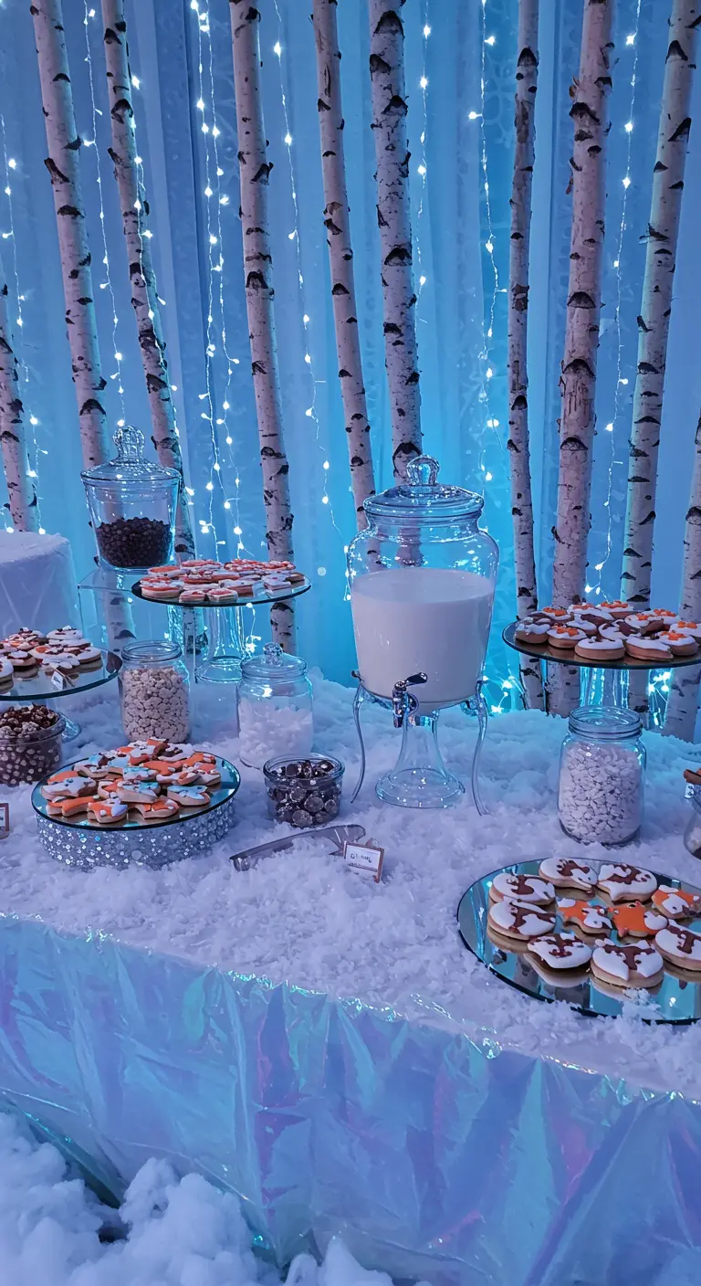 Mesa de postres con temática de bosque invernal, troncos de abedul y luces azules de fondo.