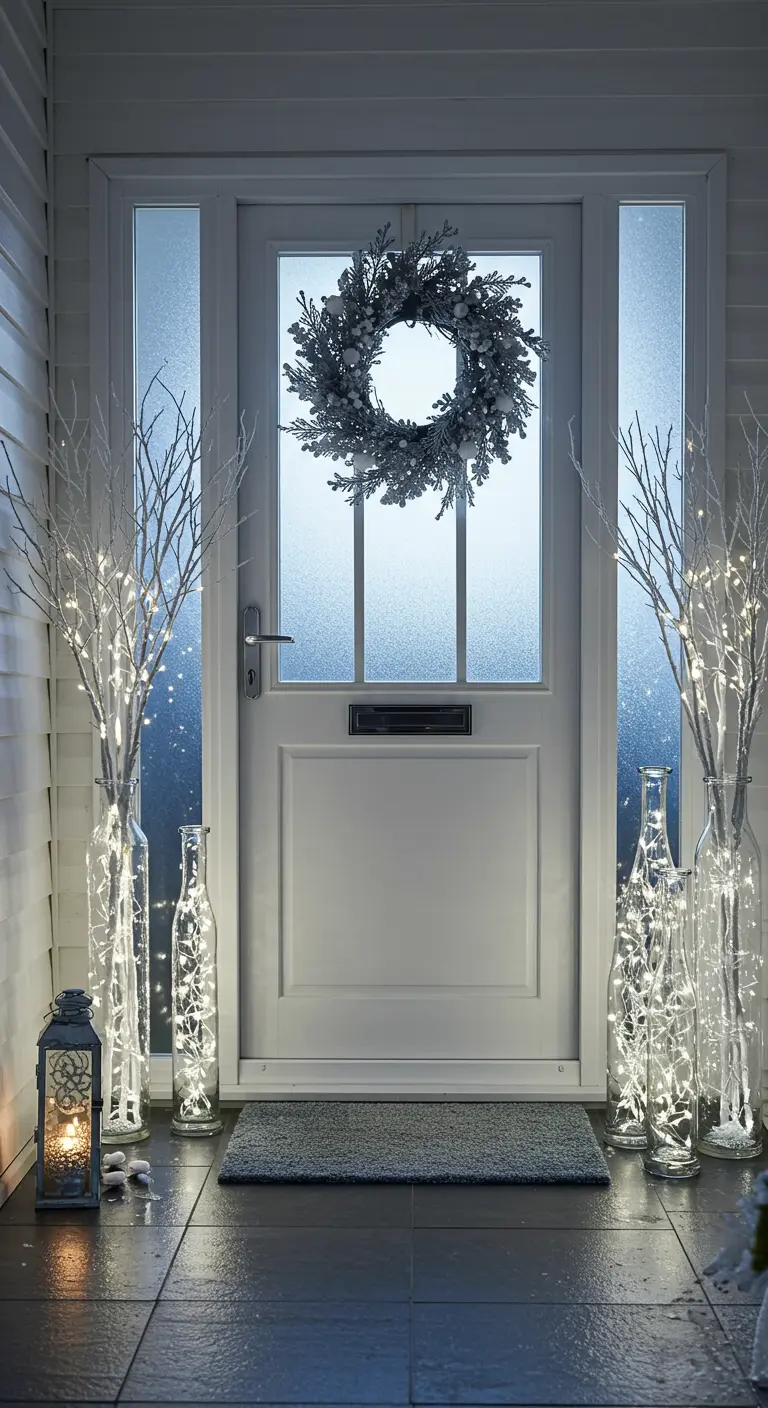 Puerta de entrada blanca con corona helada y ramas iluminadas en jarrones de cristal.