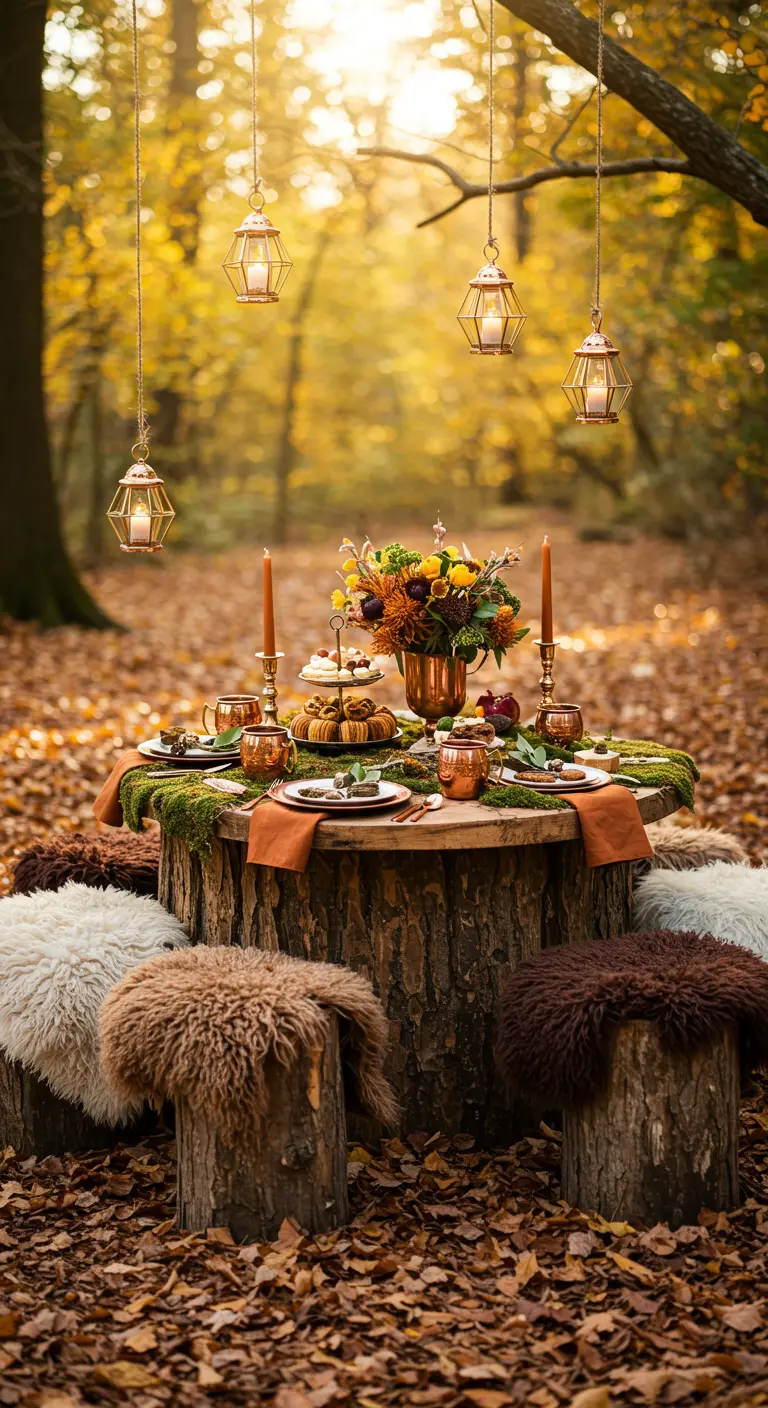 Mesa de té sobre un tronco en un bosque otoñal, con asientos de piel sintética y farolillos colgantes.