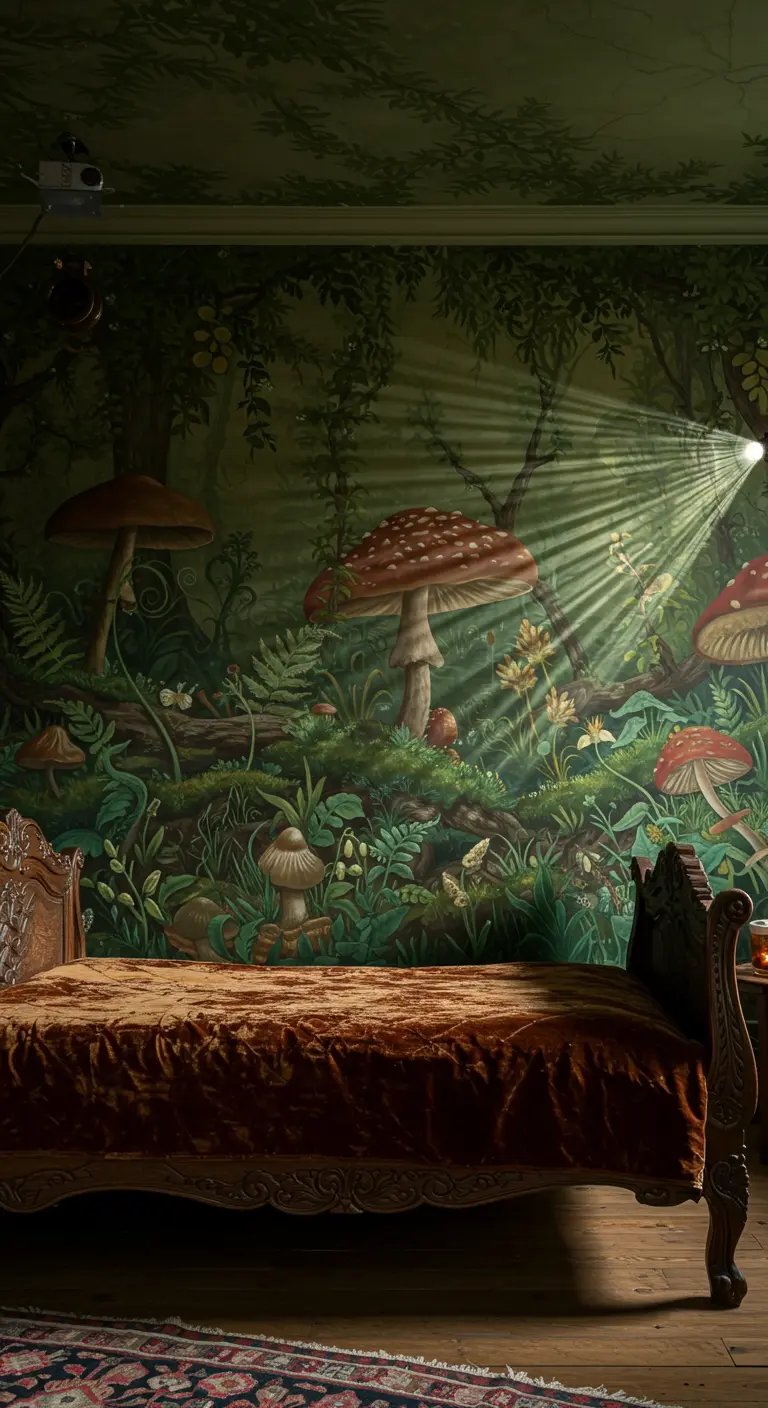 Mural de un bosque mágico con hongos gigantes en un dormitorio de estilo vintage.