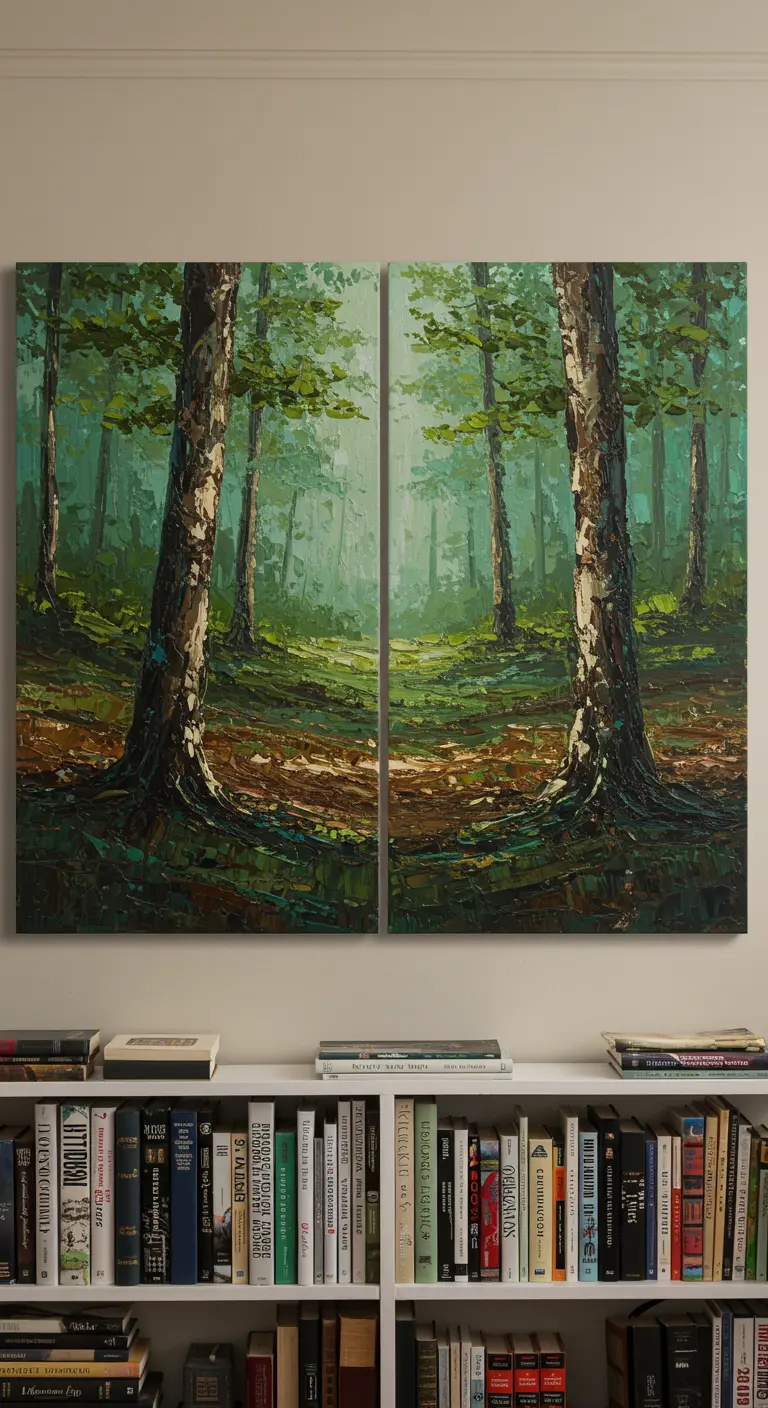 Díptico de un bosque verde pintado con espátula.