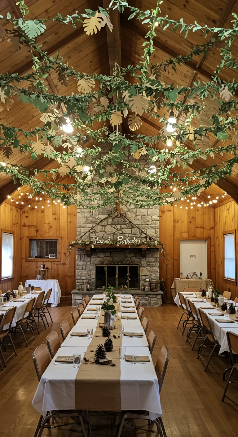 Techo de madera decorado con guirnaldas de hojas de papel verde y luces cálidas.