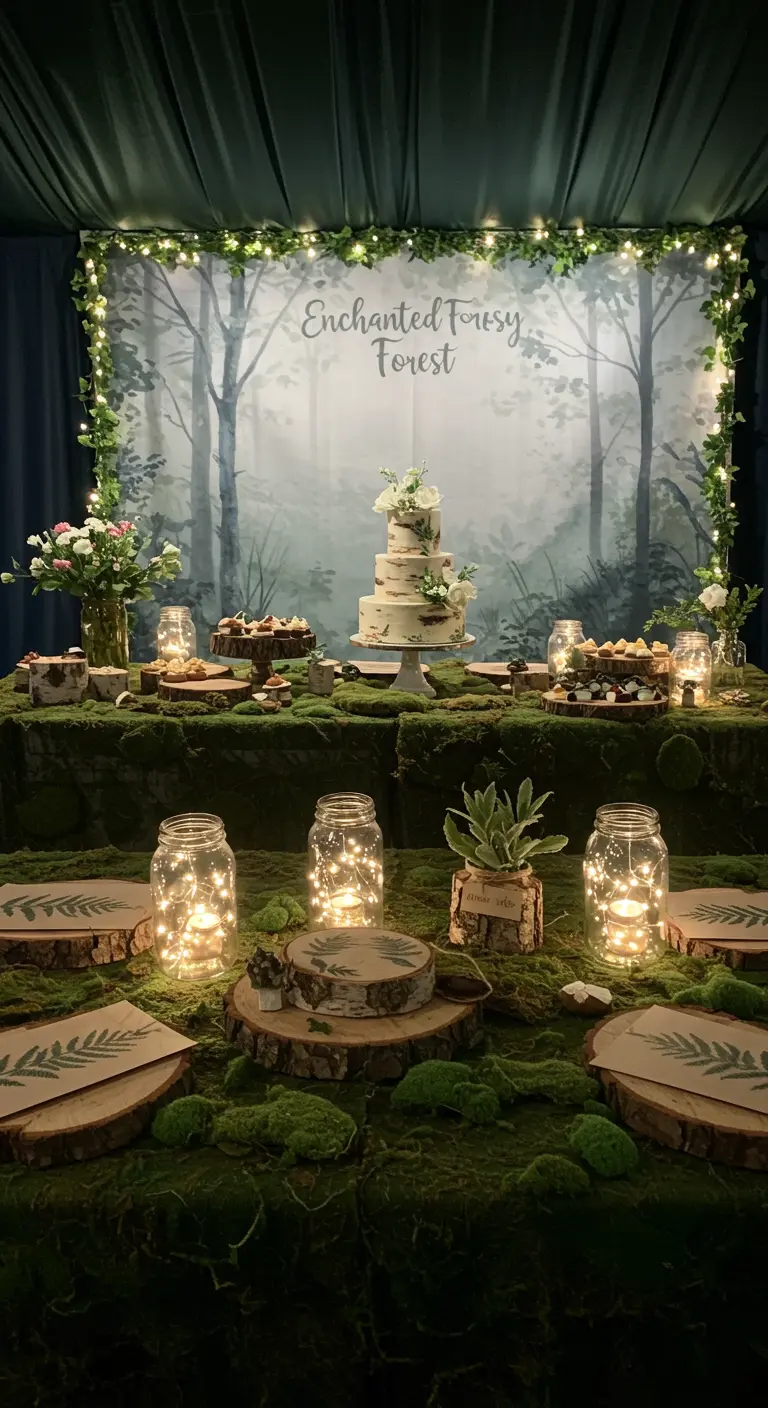 Mesa de postres con temática de bosque encantado, con musgo, troncos y luces de hadas.