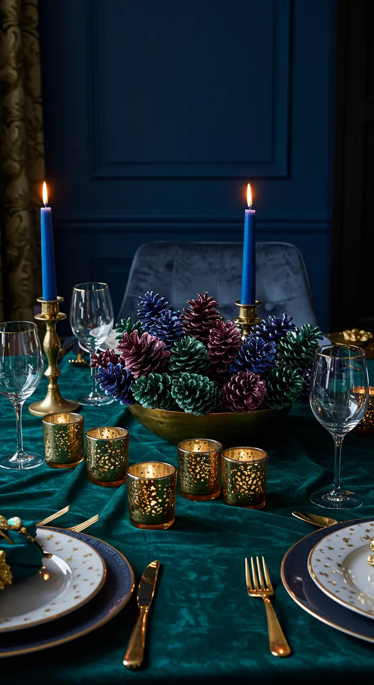 Un cuenco dorado lleno de piñas pintadas en colores joya como azul, morado y verde.