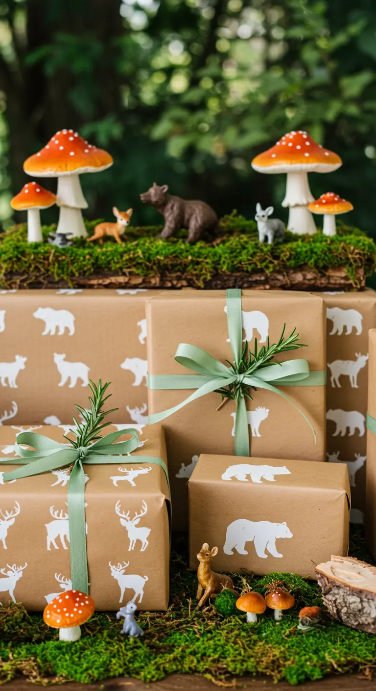 Regalos en papel kraft estampado con osos blancos, lazos de menta y romero.