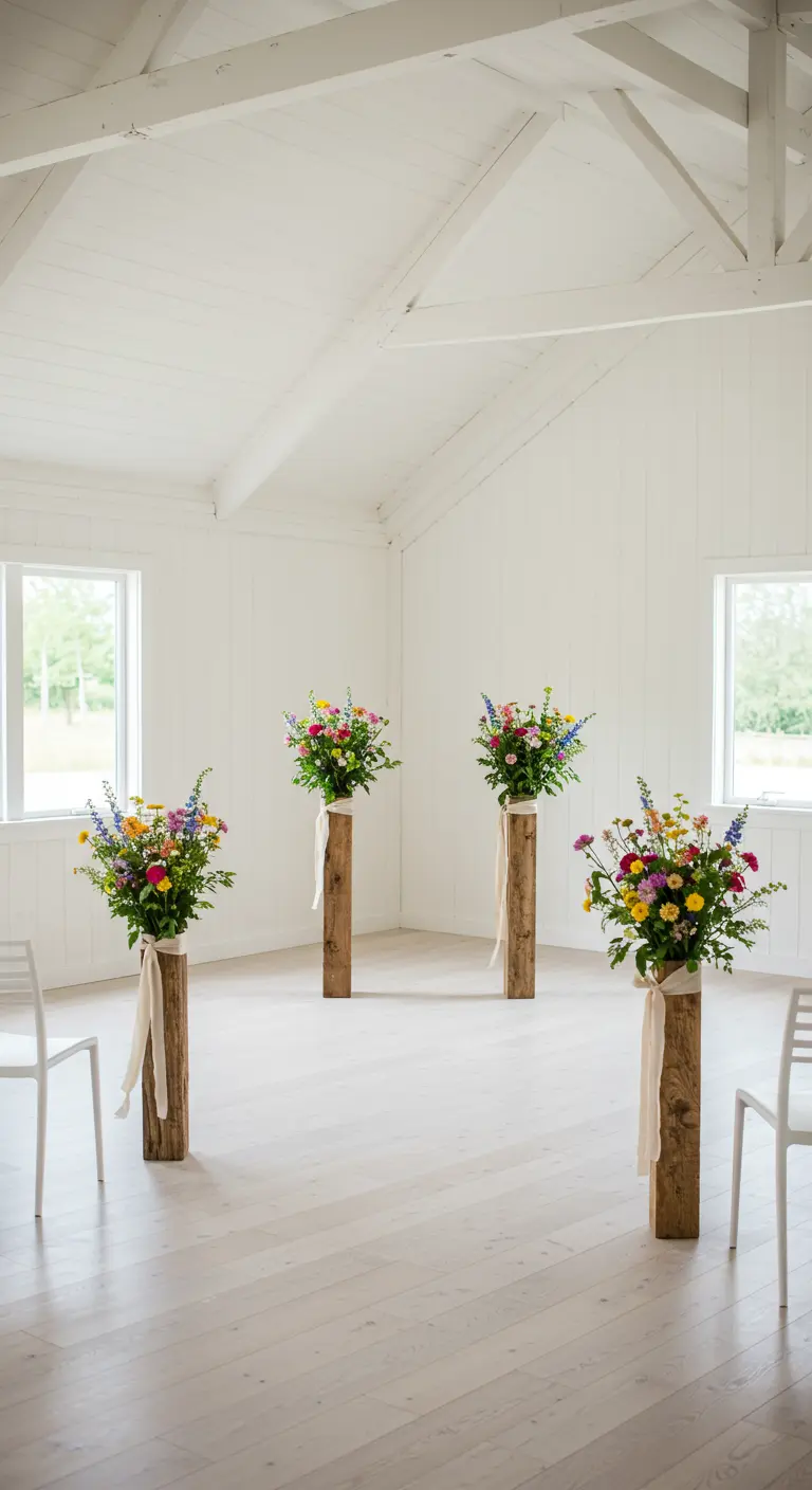 Cuatro postes de madera con arreglos florales en una sala blanca minimalista.