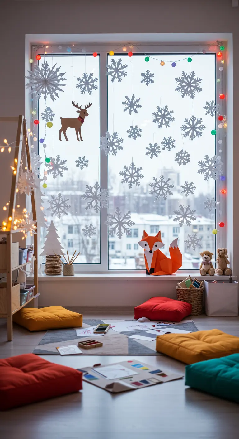 Ventana de cuarto infantil decorada con copos de nieve, animales de papel y guirnaldas de colores.
