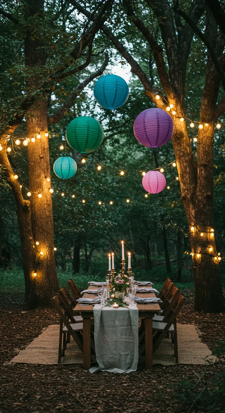 Mesa de cena elegante en un bosque iluminado con farolillos y guirnaldas de luces.