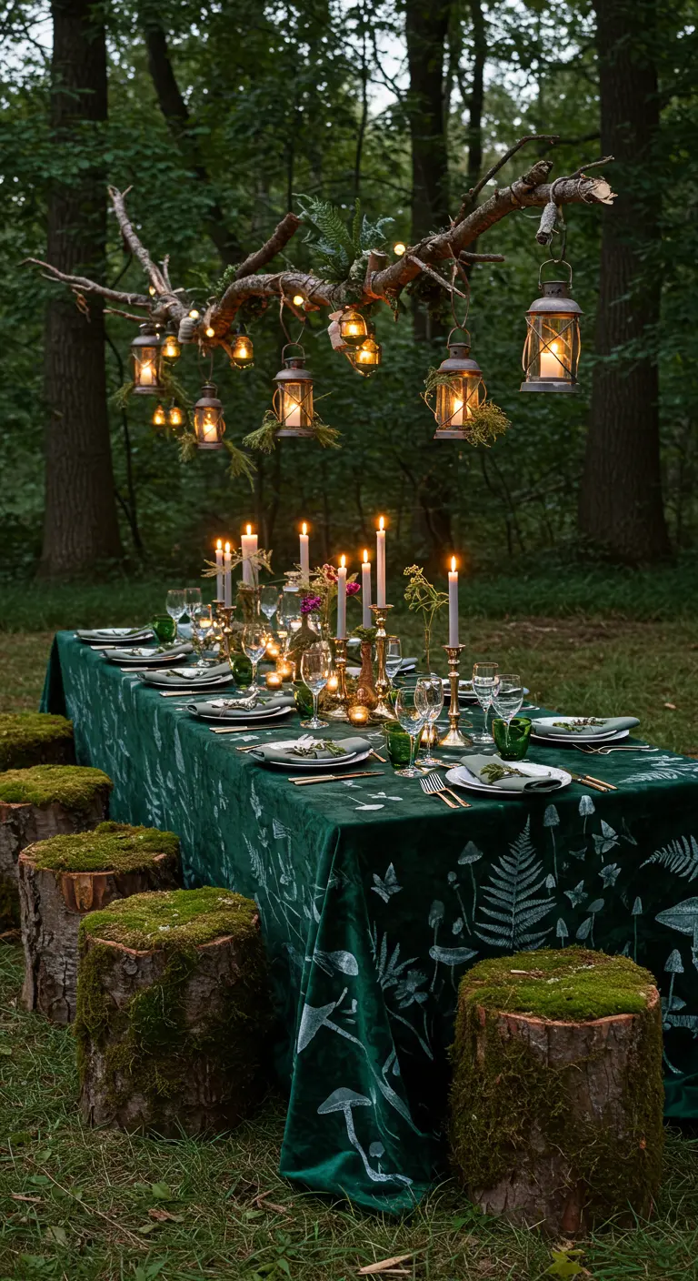 Mantel de terciopelo verde con helechos y setas blancas, en una cena mágica en el bosque.