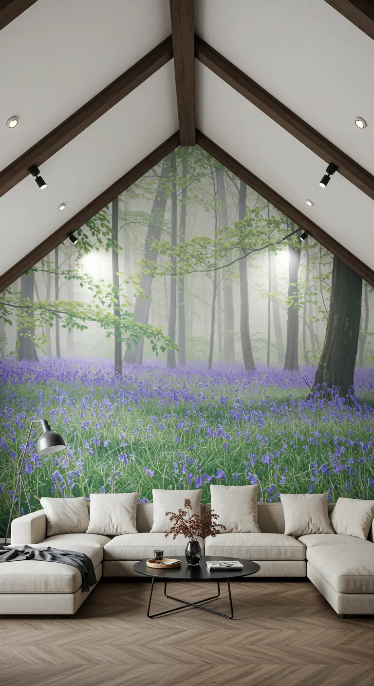 Pared de un ático con un fotomural de un bosque de campanillas azules y niebla.