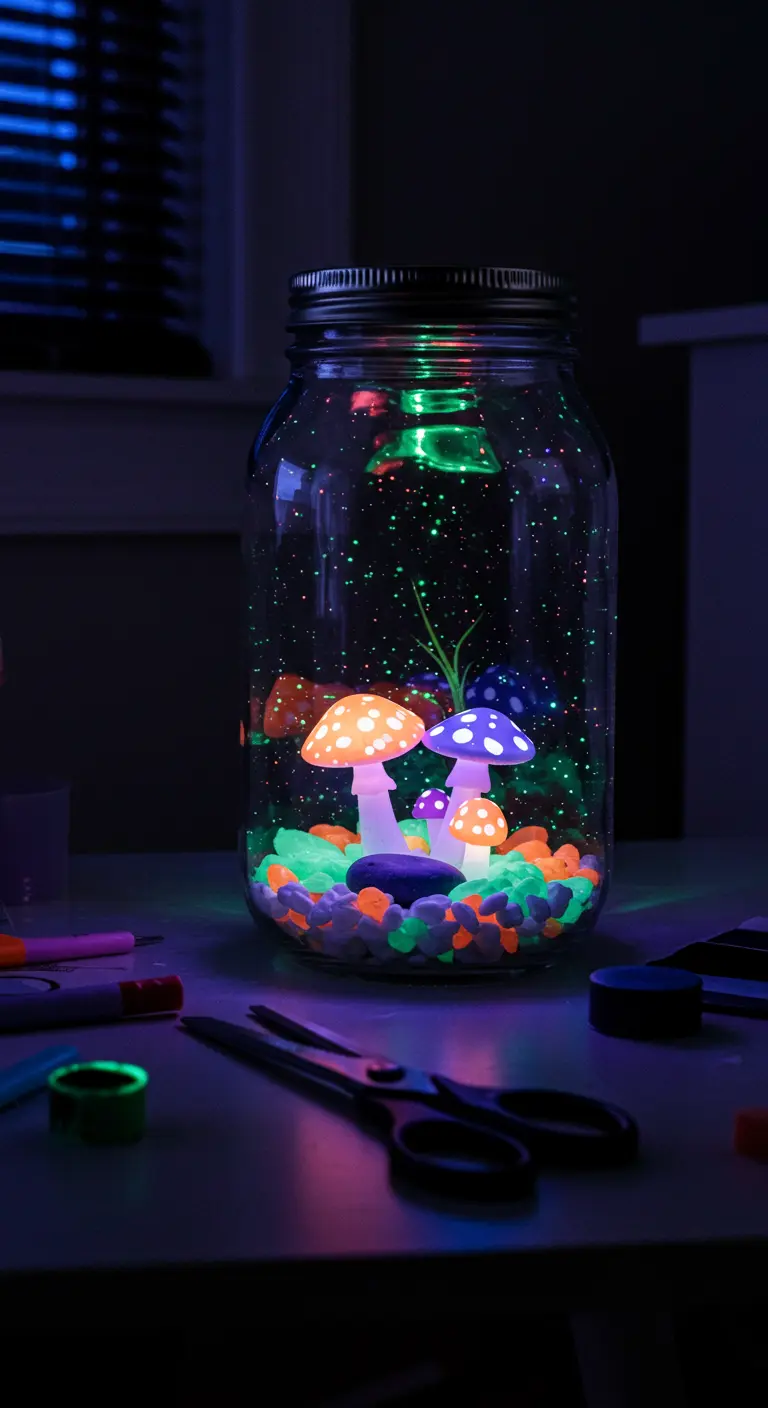 Un terrario en un frasco con setas y piedras pintadas con material fluorescente que brillan en la oscuridad.