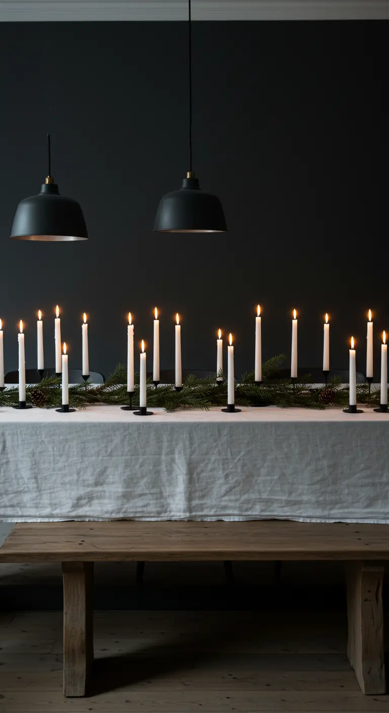 Mesa larga y oscura con docenas de velas blancas encendidas y una fina guirnalda de pino.