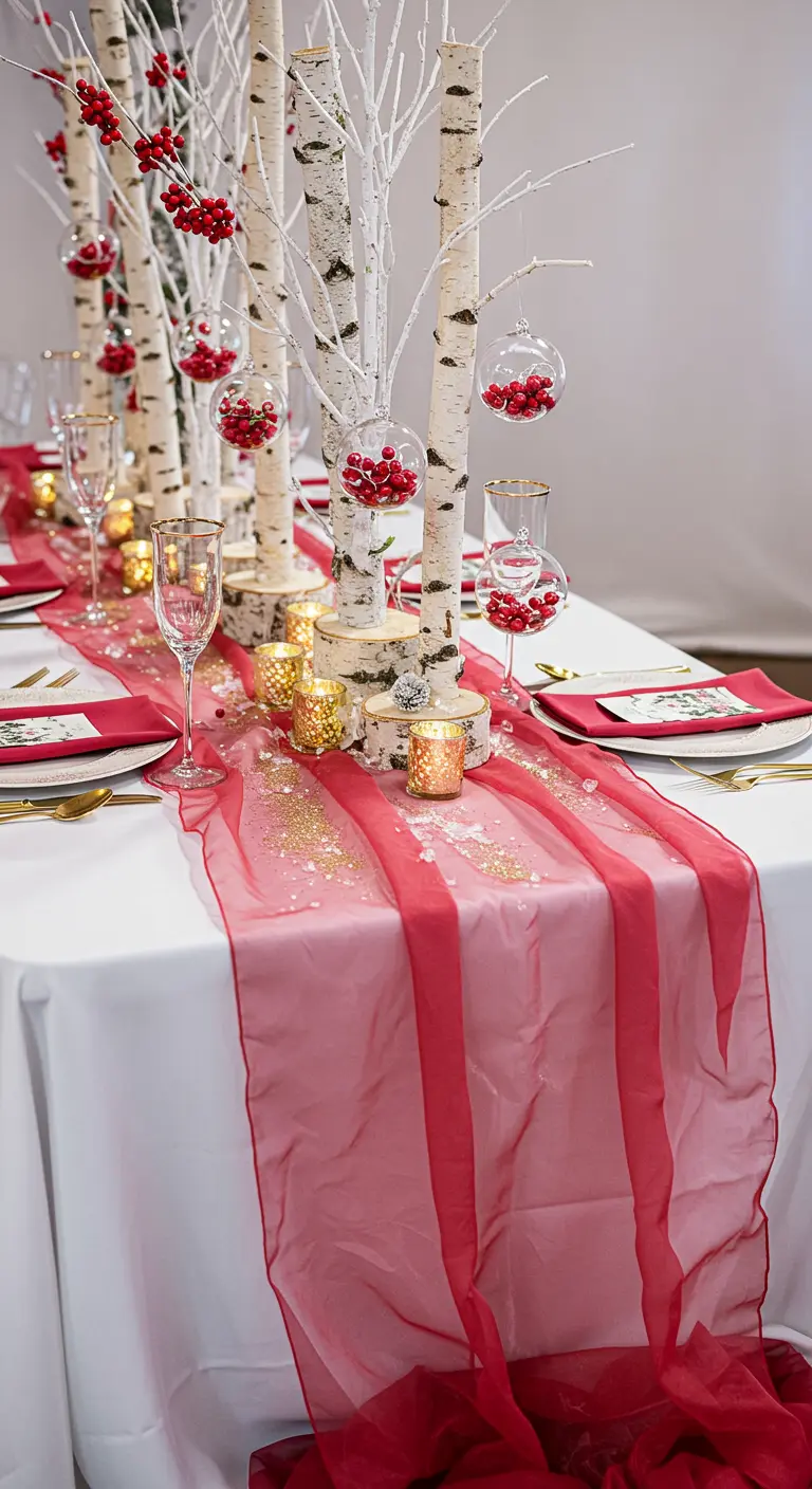 Centro de mesa con troncos de abedul, esferas de cristal con bayas y un camino de organza roja.