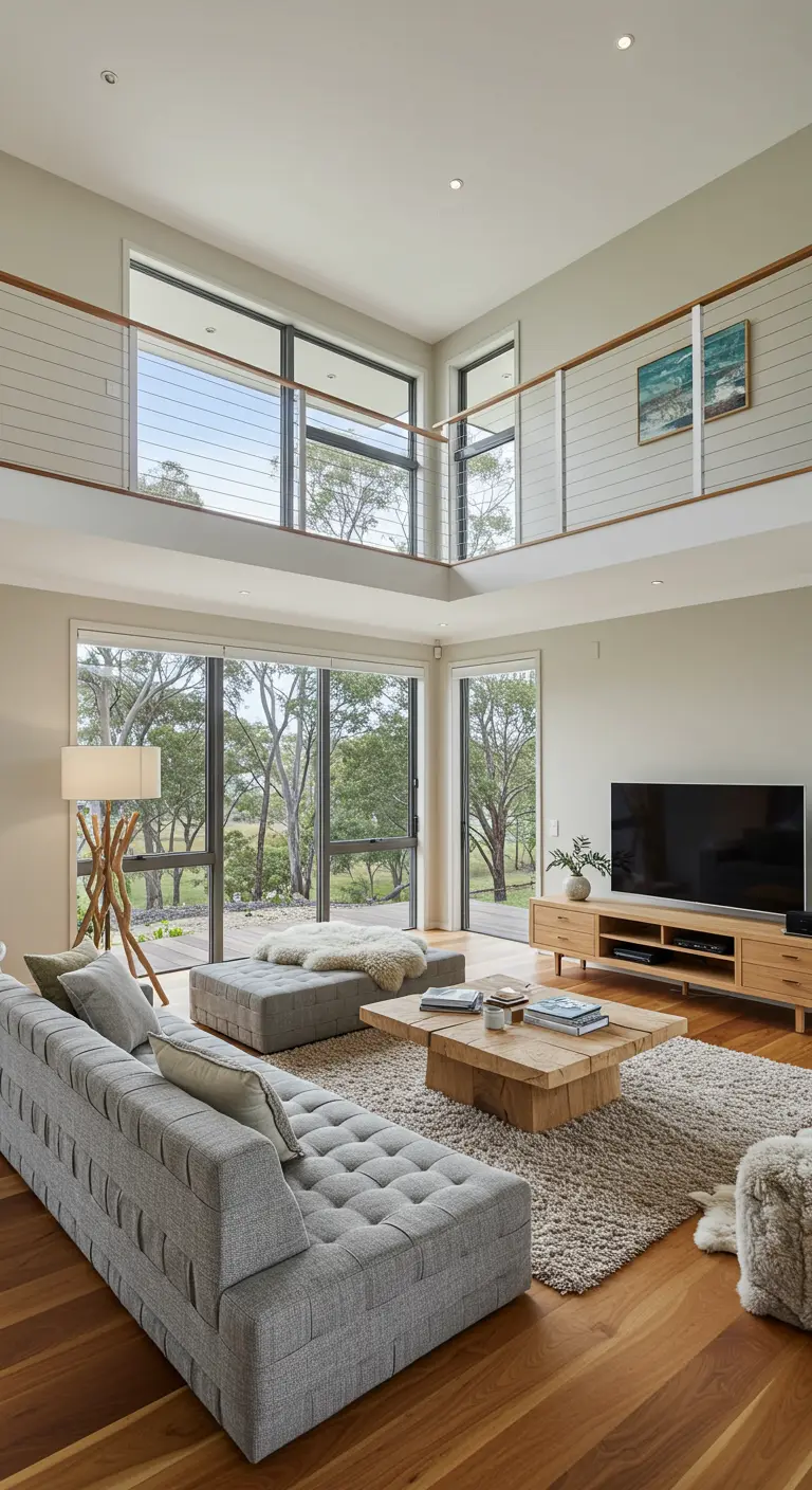 Salón de doble altura con sofá capitoné gris, mesa de madera y grandes ventanales al bosque.