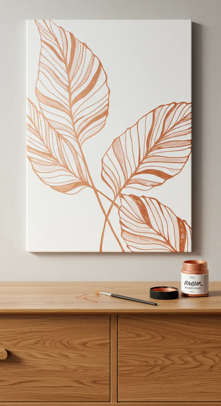 Pintura de hojas grandes delineadas con pintura color cobre rosado sobre un lienzo blanco.