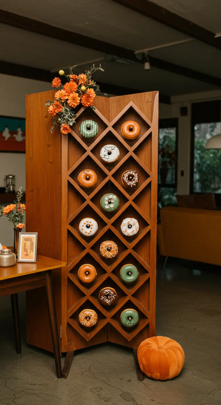Botellero de madera de estilo Mid-Century Modern reutilizado para exhibir donuts de colores variados.