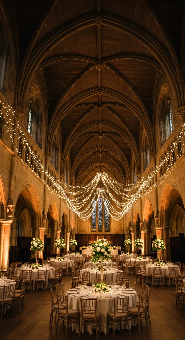 Recepción de boda en una gran sala gótica con un dosel de luces que sigue las bóvedas.